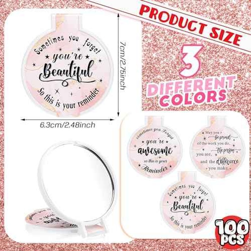 Wenqik 100 Pcs Inspirational Mini Compact Mirror for Purse Women Small Gifts Bulk, Round Makeup Folding Mirror, Thank You Gift Bag Stuffer Items, Christmas for Coworker Employee Staff (Light Pink)