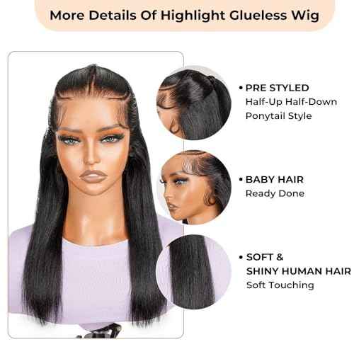 Ali Pearl Wigs Half Up Half Down Straight Lace Front Wigs Human Hair 13x4 HD Glueless Bob Wig Human Hair Pre Plucked Pre Cut For Black Women Short Bob Wigs 180% Density Pre Braided Wig 12 Inch