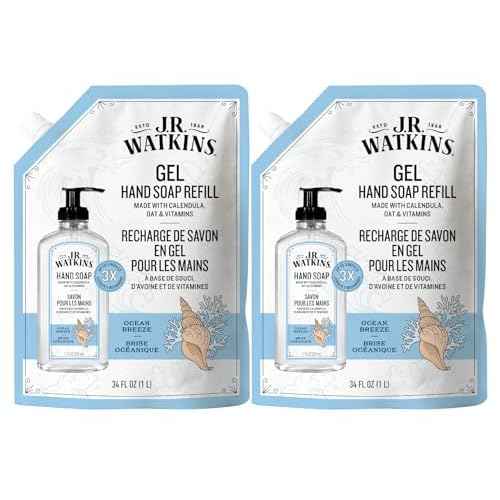 J.R. Watkins Gel Hand Soap Refill, Moisturizing Hand Wash, Formulated with Plant-Based Cleansers, Alcohol-Free, Cruelty-Free, Ocean Breeze, 34 Fl Oz, 2 Pack