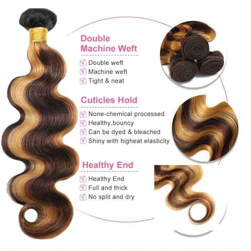 Ombre Brown and Honey Blonde Highlight Human Hair Bundles Dark Brown Body Wave Bundles Mixed with Honey Blonde Human Hair Bundles 16 18 20 Inch 3 Bundles Black Roots Human Hair Extensions