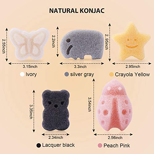 KECUCO Konjac Baby Sponge for Bathing, Kids Bath Sponges for Infants, Toddler Bath Time, Cute Shapes and Safe Plant-Based Konjac Baby Bath Accessories, 5pcs