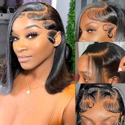 Bob Wig Human Hair 13x4 HD Lace Frontal Short Straight Lace Front Bob Wigs for Black Women Human Hair Pre Plucked Glueless Side Part 180% Density Black Color 14 Inch
