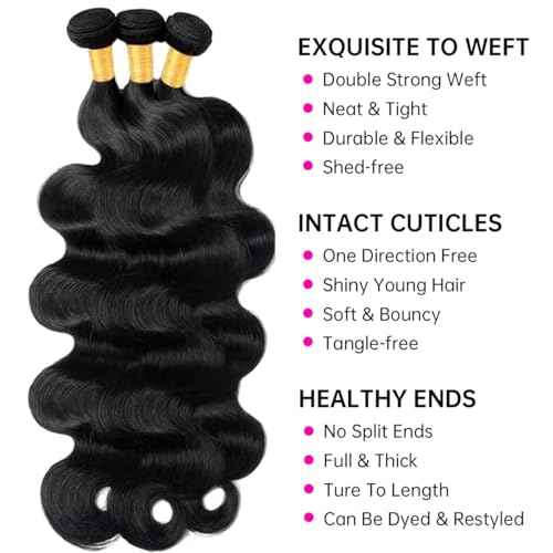 12A Body Wave Bundles Human Hair 24 26 28 inch Brazilian Virgin Human Hair Bundles 100% Unprocessed Human Hair Body Wave Weft Extensions Quick Weave Natural Black