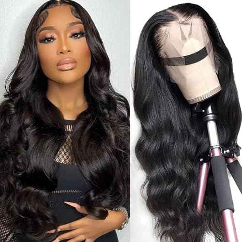 Human Hair Wig Body Wavy 13x4 HD Lace Front Wig 28Inch Human Hair Wigs Glueless Pre Plucked 180% Density Virgin Hair Natural Black (1B) For Women