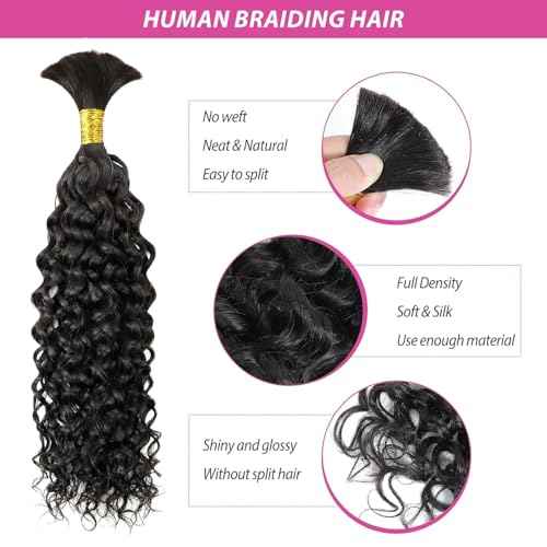 Human Braiding Hair, 3 Bundles 150g Water Wave Bulk Boho Hair for Braiding, 12A Curly Human Braiding Hair for Boho Knotless Braids Bundles Natural Color 20 Inch