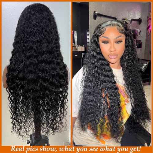 BeautyGrace 13X6 Deep Wave Lace Front Wigs Human Hair 30In (100% Human Hair) Brazilian Virgin 180% Density Deep Wave Frontal Wigs Human Hair Natural Color(13x6, 30inch)