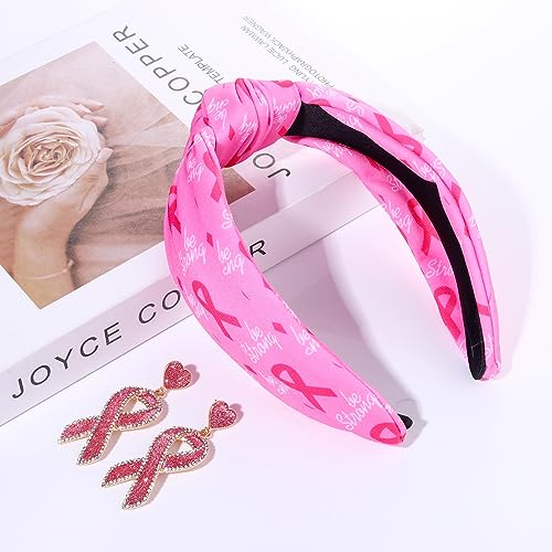 HEIDKRUEGER Pink Ribbon Headband for Women,Wide Knotted Headbands Breast Cancer Awareness Headbands Pink Ribbon Ear Jewelry Accessories for Women Girls Survivor Month Gifts (Pattern A)