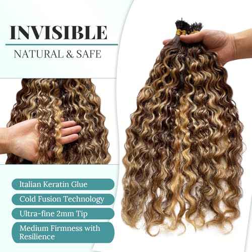 I Tip Water Wave Microlink Human Hair Extensions, Balayage Chocolate Brown Ombre Honey Blonde Micro Beads Pre Bonded Keratin Stick Tipped Hair Extensions 50 Strands 50g 24" Wet and Wavy Hair