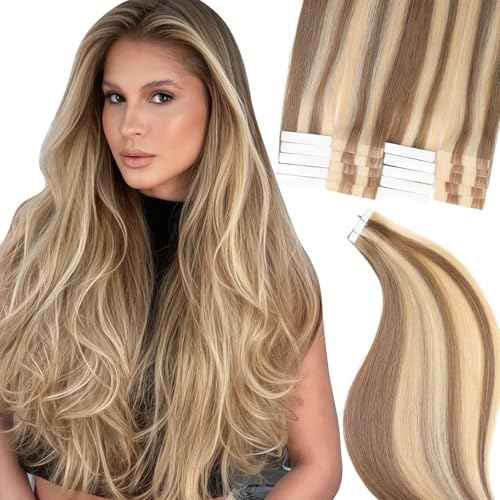 Eliysko Undetectable Invisible Tape Hair Human Hair Extensions Seamless Blending 100% Remy Hair #613/18 Brown Light Brown Mix Blonde 18inch 50G/20s Invisible Tape in Hair Extensions Tape in Extension