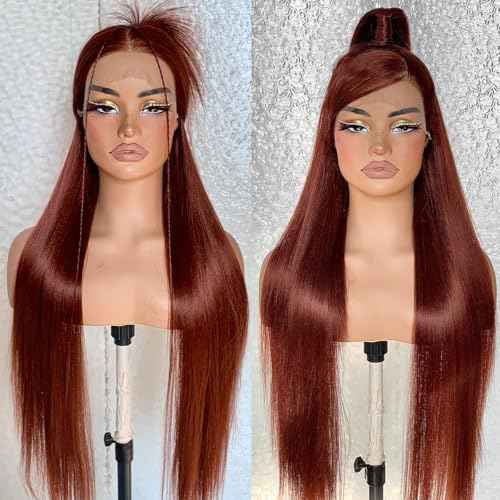BlackSwern 13x6 HD Glueless Lace Frontal Wigs Pre-Plucked, 200 Density Ginger Similar Human Hair Synthetic Long Straight Lace Front Wig Ready to Wear, 26inch #Reddish Brown