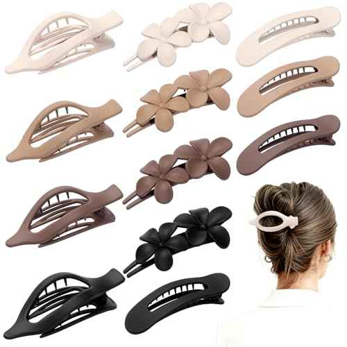 12 PCS Flat Hair Clips - 3 Styles Matte Flat Claw Clips Set Duckbill Barrettes for Women, No-Slip Strong Hold for Thin and Thick Hair, Hair Accessories for Girls Gift (Brown)