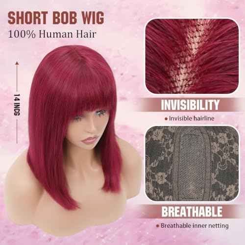Bob Wig with Bangs Human Hair 200 Density Short Glueless Wigs Ready to Go Straight Bob Bangs Wig for Women Burgundy 14 Inches