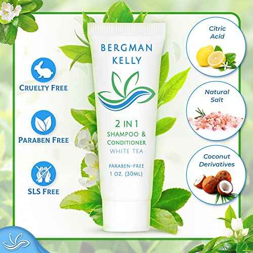 BERGMAN KELLY - Travel Size 2 in 1 Shampoo & Conditioner - 1 fl oz, 200 PK, White Tea - Delight Your Guests w/Revitalizing & Refreshing Shampoo Amenities, Quality Small Size Hotel Toiletries in Bulk