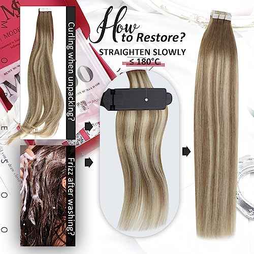 Moresoo 40Pcs Tape in Hair Extensions Human Hair 100G Brown Root to Platinum Blonde with Light Brown Hair Extensions Tape in 20 Inch Human Hair Tape in Real Hair Extensions Fashion Highlight #8/22/8