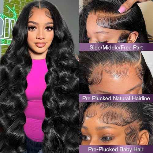 30 Inch 13x6 Body Wave Lace Front Wigs Human Hair 180 Density HD Lace Frontal Wigs Human Hair Pre Plucked Human hair Wig for Women Natural Black