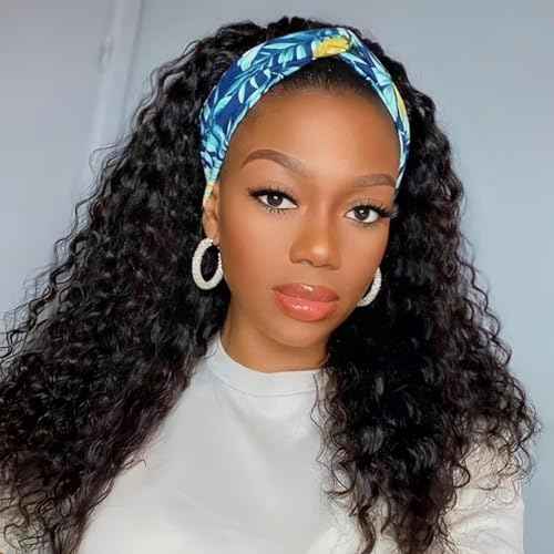 Headband Wig Human Hair Curly Headband Wigs for Black Women Glueless Wear and Go Wig 100% Brazilian Virgin Human Hair Headband wig 150% Density (14inch)