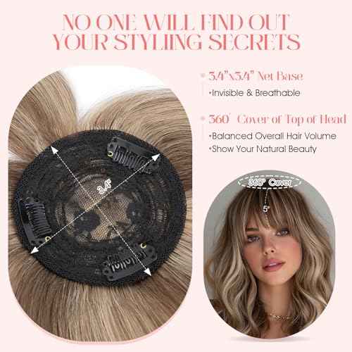 Hairro Mono Hair Toppers with Bangs, 3.4" x 3.4" Mono Base 100% Real Human Hairpieces for Women, 150% Density Clips In Topper for Greyish Thinning Hair, 18 Inch Medium Brown Mix Dark Blonde