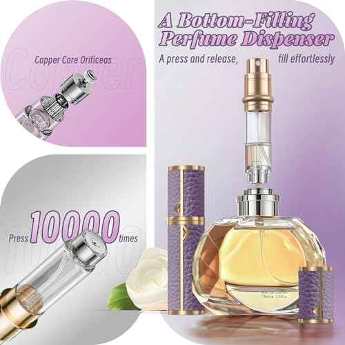 Perfume Travel Refillable Bottle,Genuine Leather Bottom-Filling Fragrances Perfume Atomizer,Mini Cologne Dispenser,Portable Sprayer Pocket Size for Cruise Car Trip Purse Gift 5ml (Purple)