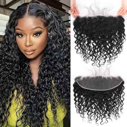 QTHAIR 16A Brazilian Water Wave Human Hair Frontal(22",Natural Black) 150% Density Brazilian Human Hair Water Wave13x4 Ear to Ear Swiss Lace Frontal Pre Plicked Natural Hairline