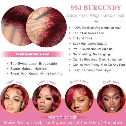 32 Inch 99J Burgundy Lace Front Wig Human Hair 200 Density 13x4 HD Transparent Lace Body Wave Pre Plucked Wine Red Colored Glueless Wig for Women