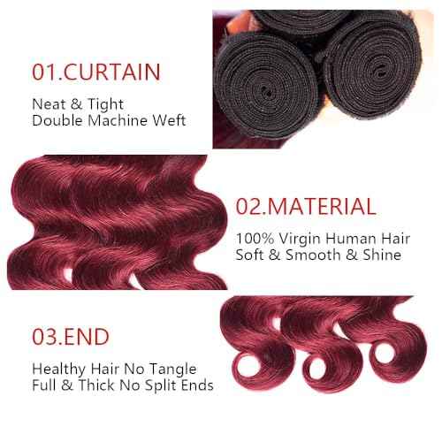 BilltiiWW Ombre 1B99J Hair Body Wave Bundles Black and Wine red Body Wave Bundles two tone Brazilian Hair Extensions Soft and Silky for Women 16 18 20 Inch