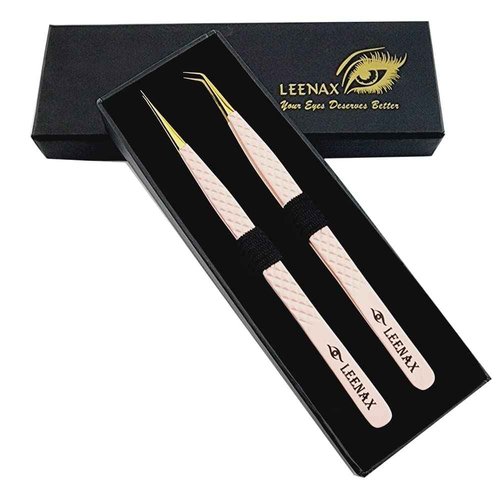 Eyelash Extension Tweezers Micro Fiber Tip (Anti – Slip) Set of 2 pieces straight & curved with Diamond Grip, Rainbow Colour,14cm, volume Tweezers, Lash Extension Precision tweezers. (Peach)