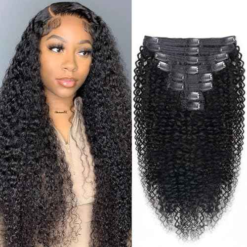 Curly Clip In Extension Human Hair 3C 4A Kinky Curly Clip Ins Full Head for Black Women Brazilian Remy Human Hair Natural Color 8Pcs with18clips 120g/Set (28 inch, curly wave)