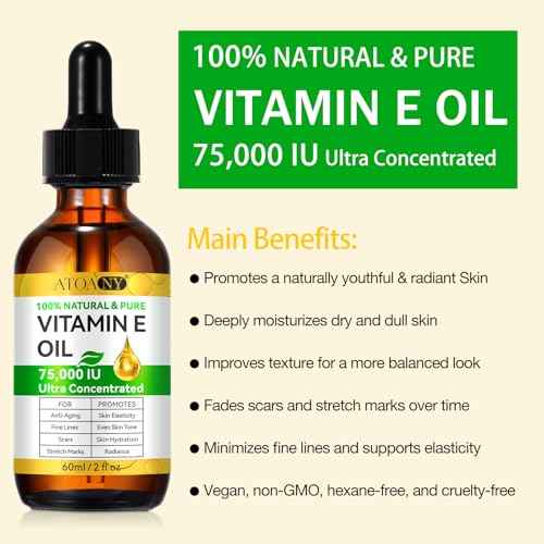 100% Pure Vitamin E Oil 75,000 IU - for Fading Scars, Stretch Marks & Anti-Aging - Deep Moisturizer for Face, Neck & Body - Hexane-Free, Natural, Vegan, Non-GMO (2 fl oz)