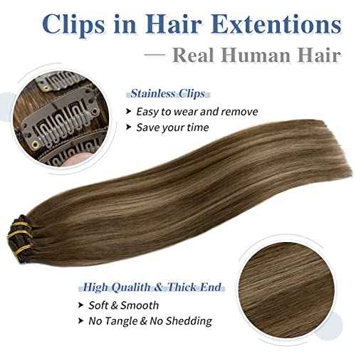 Clip in Hair Extensions Real Human Hair S-noilite #4T4P27 Chocolate Brown to Caramel Blonde Double Weft hair extensions 20 Inch Clip in Real Human Hair for Women Balayage Straight 7PCS 125g
