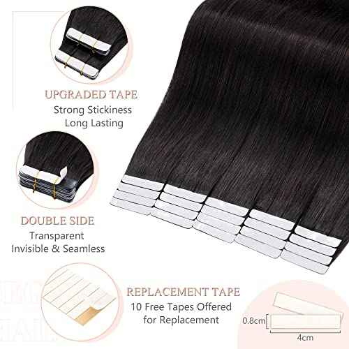 SEGO Tape in Hair Extensions Human Hair 20 Inch Natural Black 40pcs 100g Straight Natural 100% Remy Rooted Seamless Skin Weft Invisible Double Sided Tape Hair for Women