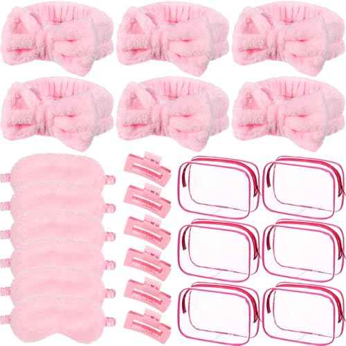 Hoteam 24 Pcs Sleepover Spa Party Favors Supplies 6 Spa Headband 6 Plush Sleep Eye Mask 6 Hair Claw Clips 6 Clear Cosmetic Bags for Slumber Party Christmas Gift(Pink)