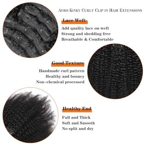 Afro Kinky Curly Clip in Hair Extensions Human Hair 4C Hair Clip in Extensions 8pcs 120g/set 10A Brazilian Virgin Natural Hair Clip Ins for Black Women Natural Black Color 24 Inch