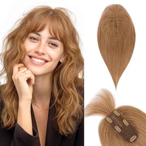 TESS Real Hair Toppers for Women Handmade Lace Base Womens Clip In Hairpieces with Bangs 5 Clips Natural Coverage Soft and Secure 2¡¿6", Light Brown
