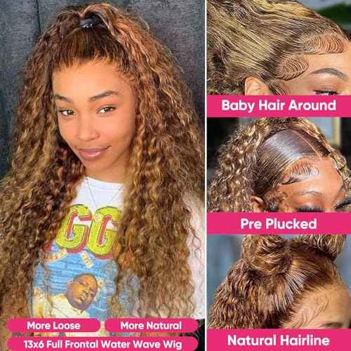 Honey Blonde Ombre Highlight 13x6 Full Lace Frontal Wigs Human Hair 200 Density Water Wave 13x6 HD Transparent Lace Front Wigs Pre Plucked #4/27 Colored Human Hair Wig for Women 24 Inch