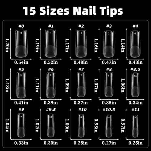 AddFavor Long Square Nail Tips, 300pcs Gel Nail Tips Square Long Fake Nails, Full Cover Clear 15 Size Acrylic Nails Tips for Nail Extensions, Press on Nails Making