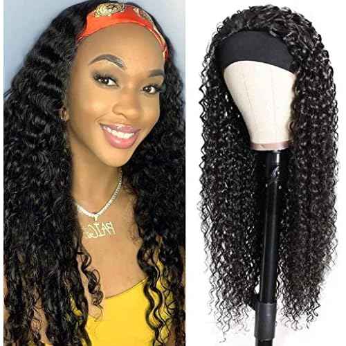 XSY Headband Wig Human Hair Deep Wave 18 Inch Curly Headband Human Hair Wigs for Black Women Glueless None Lace Front Wig 150% Density Natural Black Color