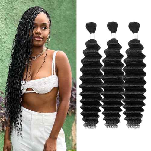 Deep Wave Human Braiding Hair 24Inch 3 Bundles 150g Bulk Human Hair for Braiding No Weft Human Braiding Hair for Boho Braids Wet and Wavy 100% Brazilian Virgin Curly Hair for Braiding Hair Extensions