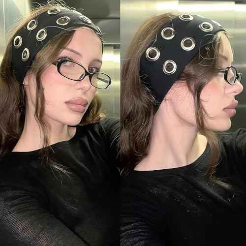 Grommet Headband for Women,Hollow Eyelet Elastic Headband,Wide Black Hollow Out Elastic Hair Band,Eyelets Stretchy Casual Hair Accessory(Black, Adjustable)
