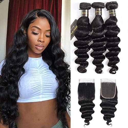Peruvian Loose Deep Wave Bundles with Closure, (14"16''18"+12Closure)8A Peruvian Virgin Hair Loose Deep Hair Bundles with 4X4 Free Part Top French Lace Closure Natural Black