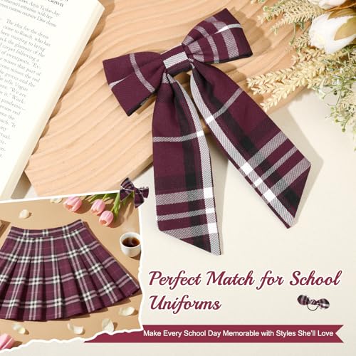 DEEKA 5 Styles Uniform Plaid Long Tail Hair Bows Knotted Headband Scrunchies Bow Set Alligator Clips Back to School Accessories for Toddler Little School Girls (Burgundy 5 Styles)