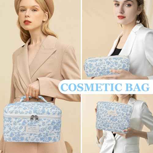 Makeup Bag Set, Quilted Makeup Bag, Large Floral Cosmetic Bag for Women, Cute Cotton Makeup Bags, Flower Travel Toiletry Organizer Bag (Blue Flower)
