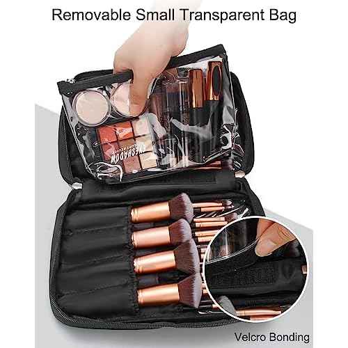 Relavel Makeup Brush Bag Large Makeup Brush Organizer Travel Makeup Artist Case with Detachable Clear Pouches, Professional Cosmetic Organizer Bag, Black