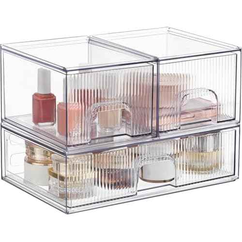 Clear Stackable Desk Storage Drawers, 3 Pack Acrylic Bathroom Makeup Organizers, Easily Assemble All Purpose Plastic Bins for Brightroom, Pantry Organization, Vanity, Undersink, Cabinet
