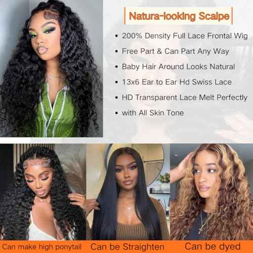 13x6 Deep Wave Lace Front Wigs Human Hair Pre Plucked with Baby Hair Deep Curly Frontal Wig 200 Density Natural Black for Women