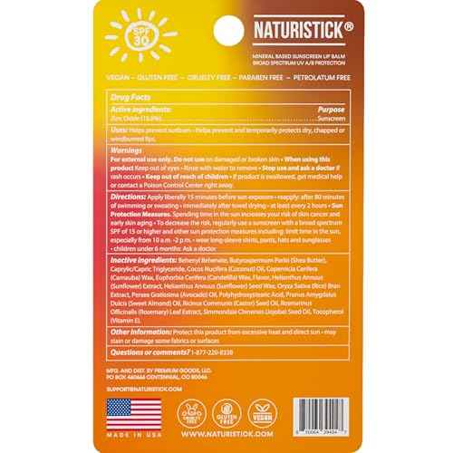 Naturistick SPF 30 Vegan Lip Balm ? Mineral Sunscreen with Zinc Oxide | Broad Spectrum UVA/UVB | 100% Natural, Coral-Friendly Formula | 5-Pk Raspberry, Coconut, Cherry, Citrus, Spearmint | Made in USA