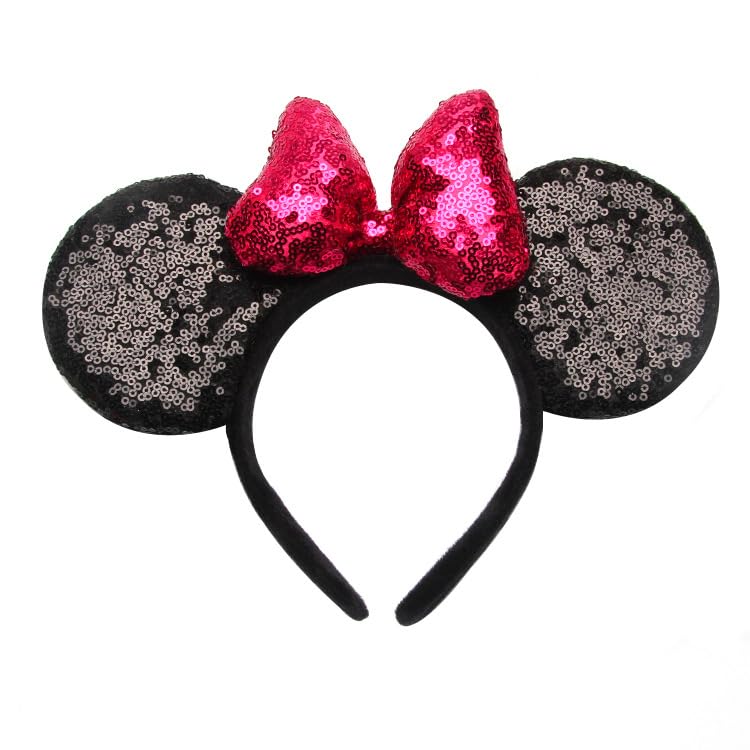 YOVECATHOU Mouse Deluxe Ear Bow Headbands Sequins Hairbands Women Hair Accessories For Cosplay Costume Party (Black Rose Red)