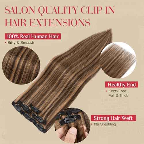 Rich Choices Real Human Hair Clip In Extensions-6 Pcs Single Clip Design-Invisible Clip in Extensions for Thin Hair-Hairpieces for Women/Men-22 Inches #2RP6 Chocolate Brown Highlight Light Brown