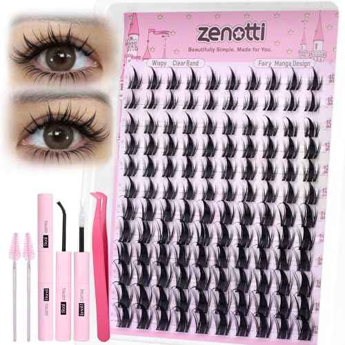 Manga Lash Clusters Kit Anime Lashes Cluster Kit Natural Wispy Eyelash Clusters Kit Spiky Fairy Individual Lashes Cluster with Spikes Invisible Clear Band DIY at Home 10-16MM by zenotti