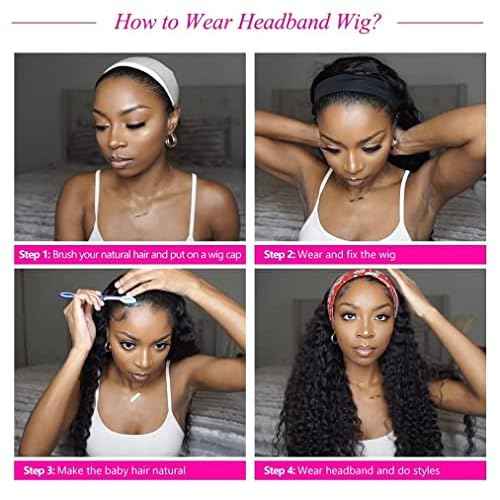 Headband Wig Human Hair Deep Wave 16 Inch Curly Headband Wigs for Black Women Human Hair Glueless None Lace Front Wig Brazilian Virgin Hair Wear and Go Wigs 150% Density Natural Black Color