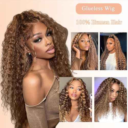 Ombre Highlight Glueless Wigs Human Hair Pre Plucked Pre Cut Curly Closure Wear and Go Glueless Wigs Human Hair Middle Part Balayage Water Wave Lace Frontal Human Hair Wigs for Black Women 4/27 20Inch